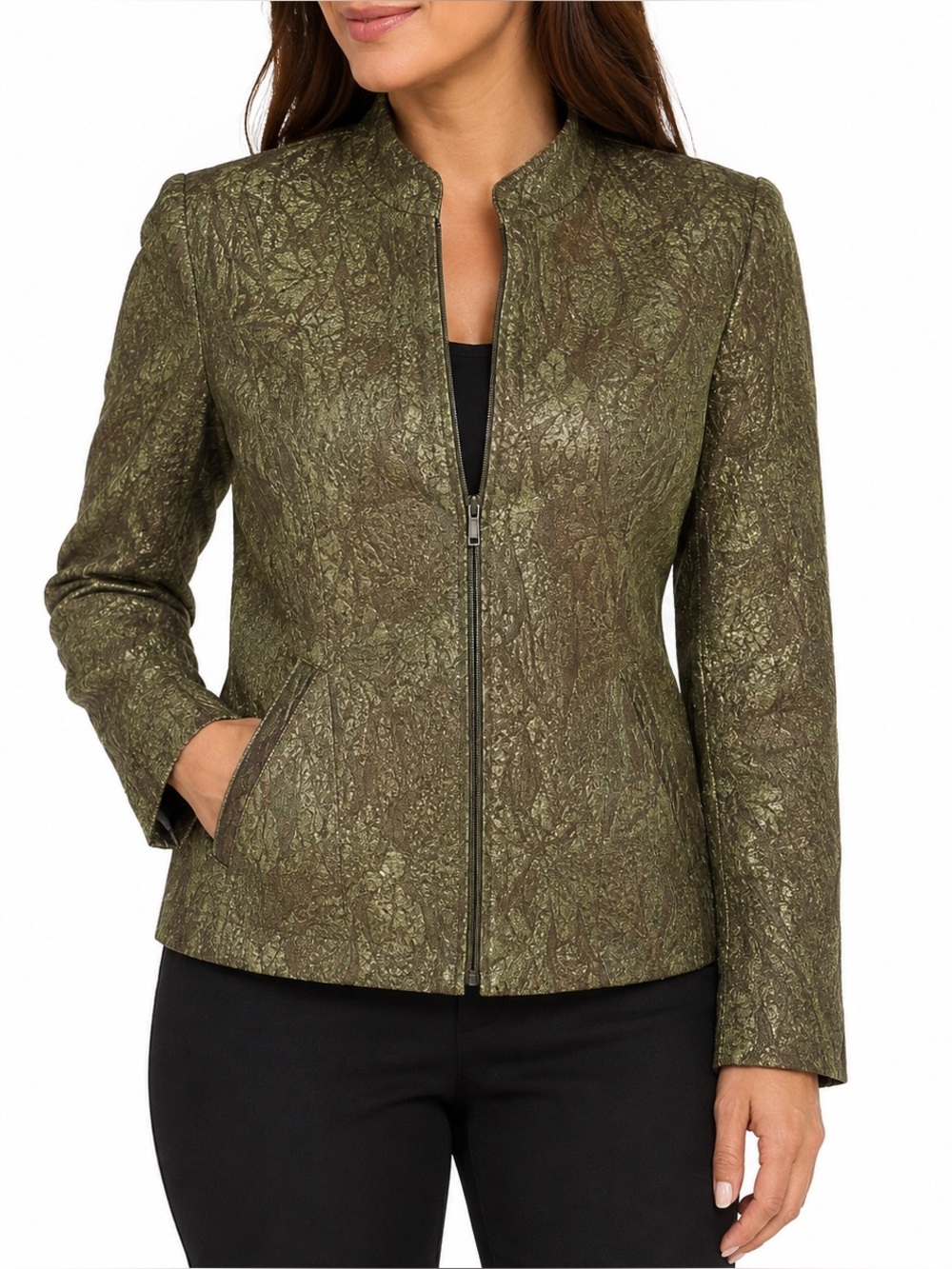 Renaissance Olive Green Brown Metallic Floral Zip Jacket Blazer Medium